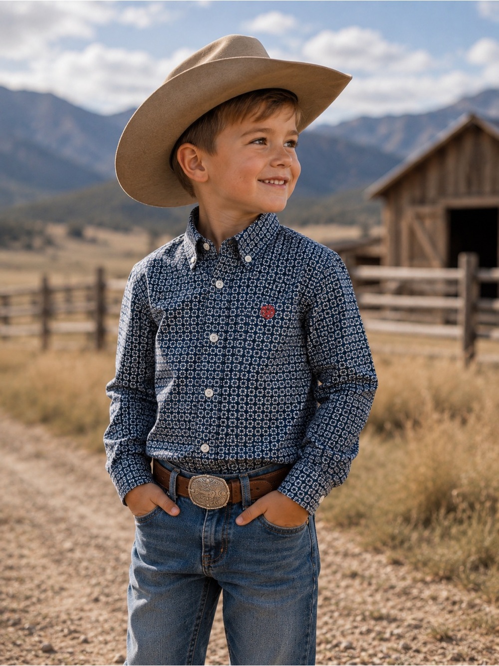 Boys ARIAT Blue Patterned Long-Sleeve Button-Down Shirt XS 7